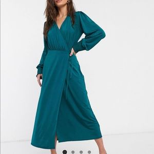 Teal long sleeve midi dress with tie waist
